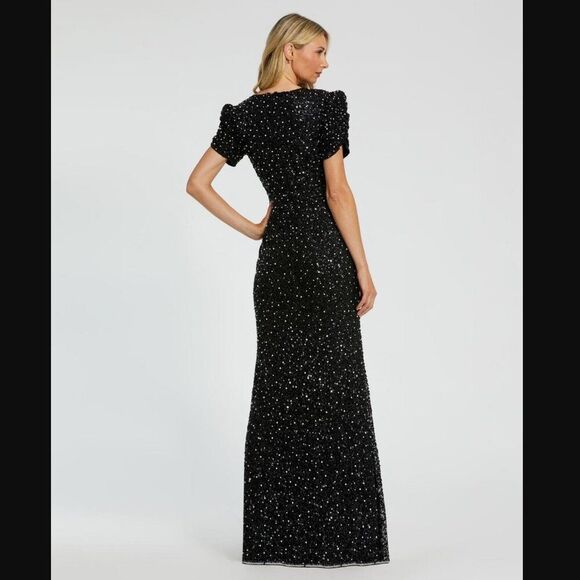 Mac Duggal 24003 Size 12 Black Pearl Gathered Short Sleeve Long Maxi Gown Dress - Picture 6 of 7